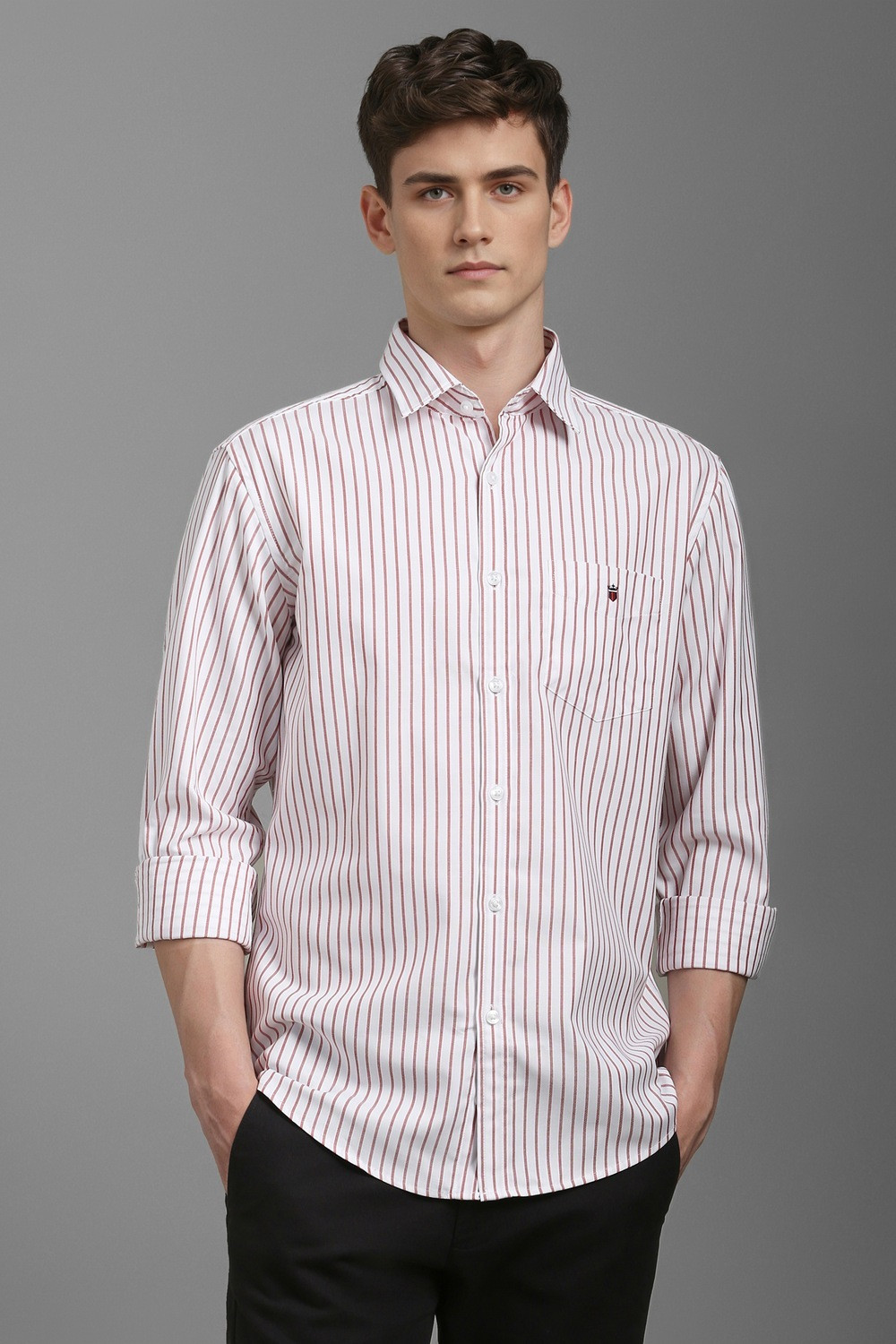 Image of Louis Philippe Sport Men Striped Casual White, Red Shirt