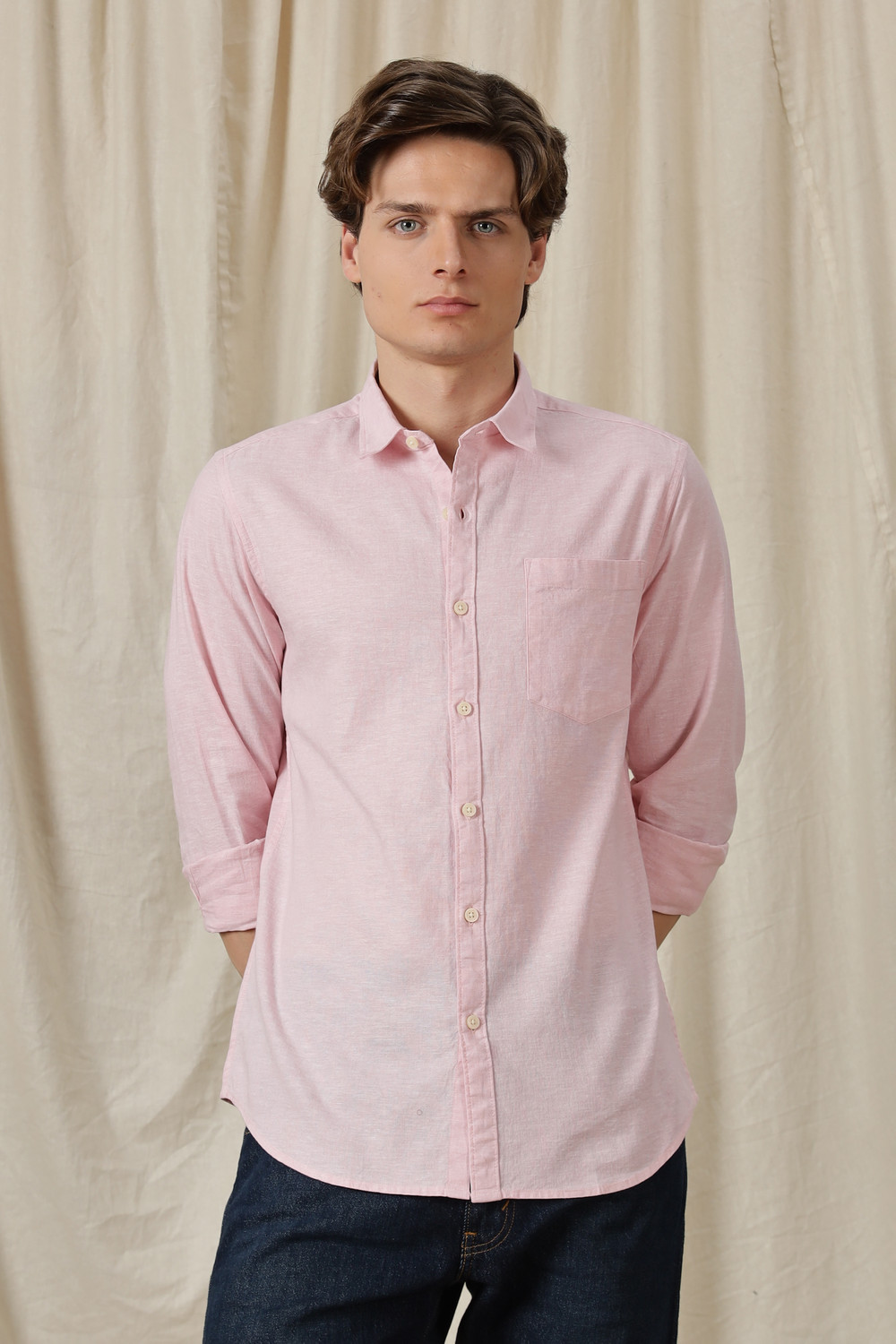 Image of BLU MNKY Men Solid Casual Pink Shirt
