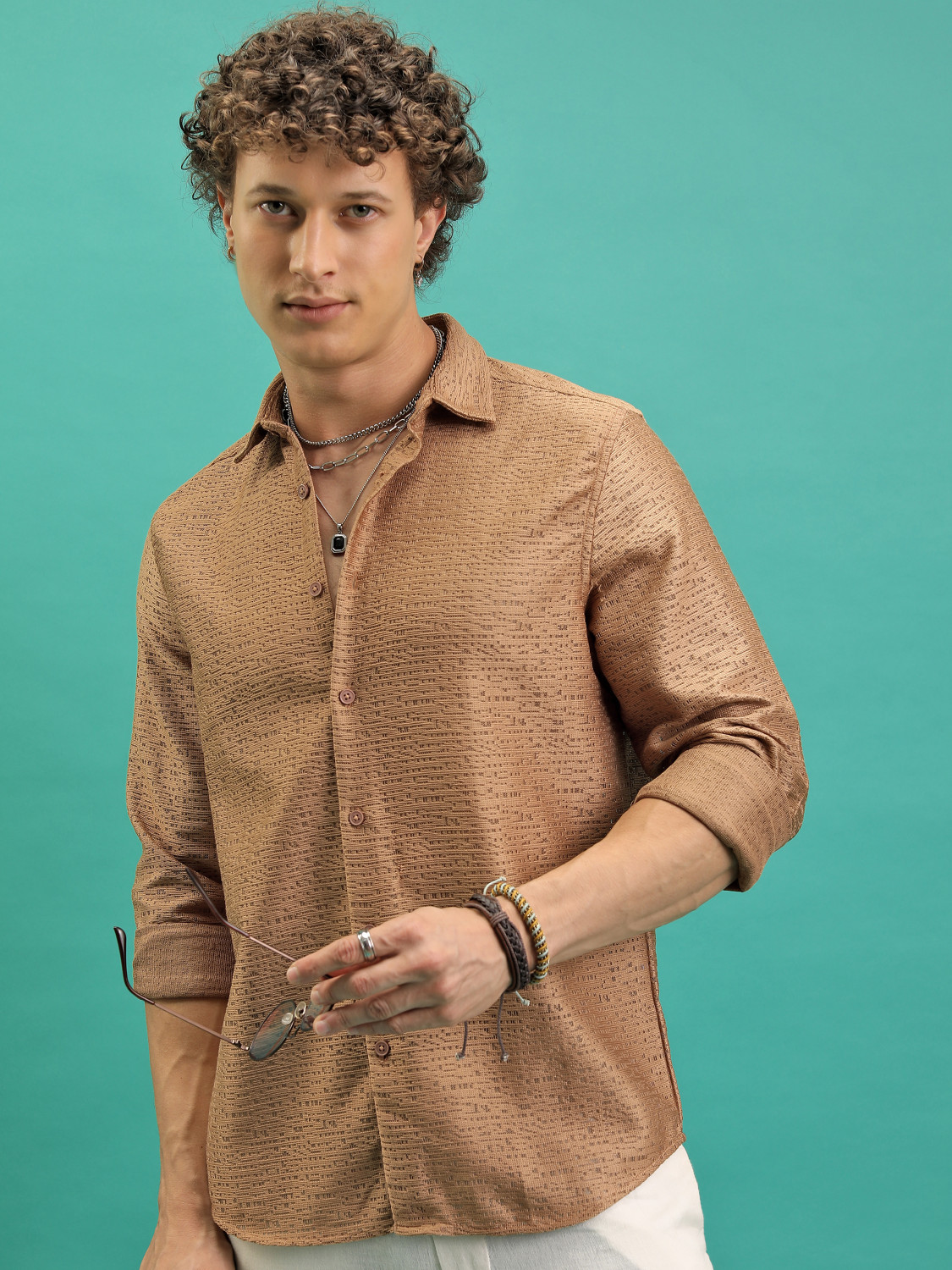 Image of HIGHLANDER Men Self Design Casual Brown Shirt