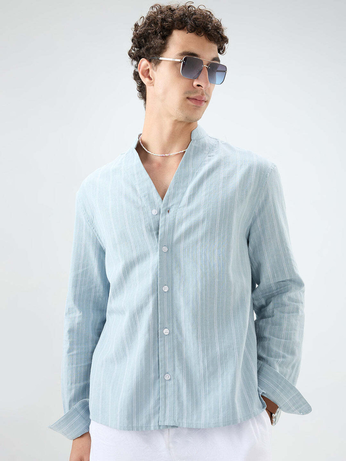Image of VASTRADO Men Regular Fit Striped Collarless Collar Casual Shirt