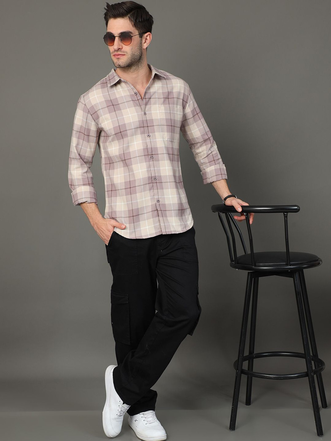 Image of HERE&NOW Men Checkered Casual Beige Shirt