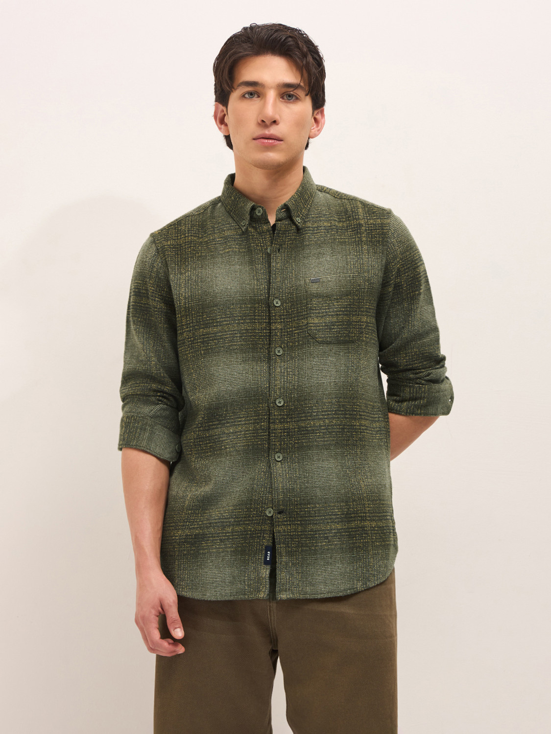 Image of THE BEAR HOUSE Men Checkered Casual Brown Shirt