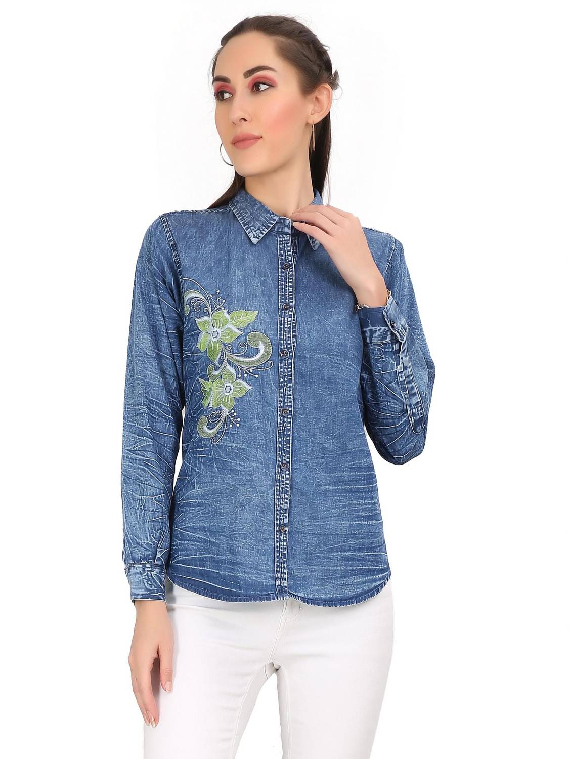CEFALU Women Embroidered Casual Blue Shirt