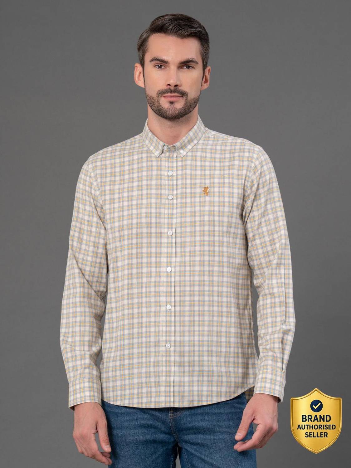 RED TAPE Men Checkered Casual Beige Shirt