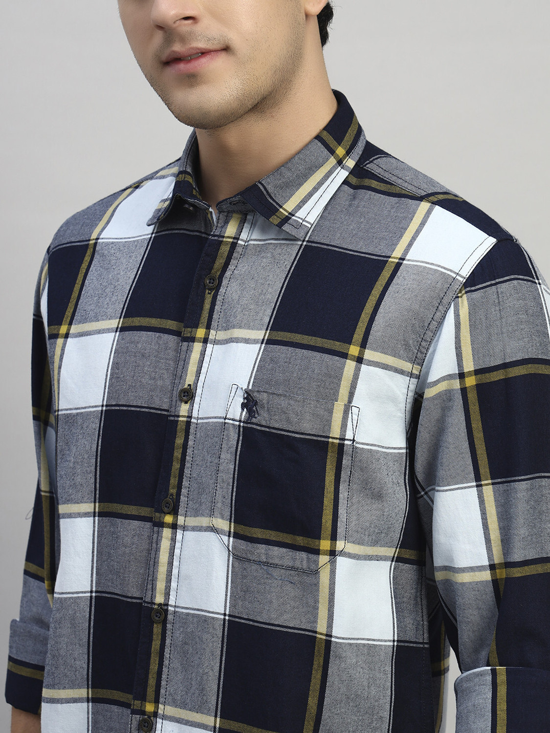 Image of CANTABIL Men Checkered Casual Dark Blue Shirt