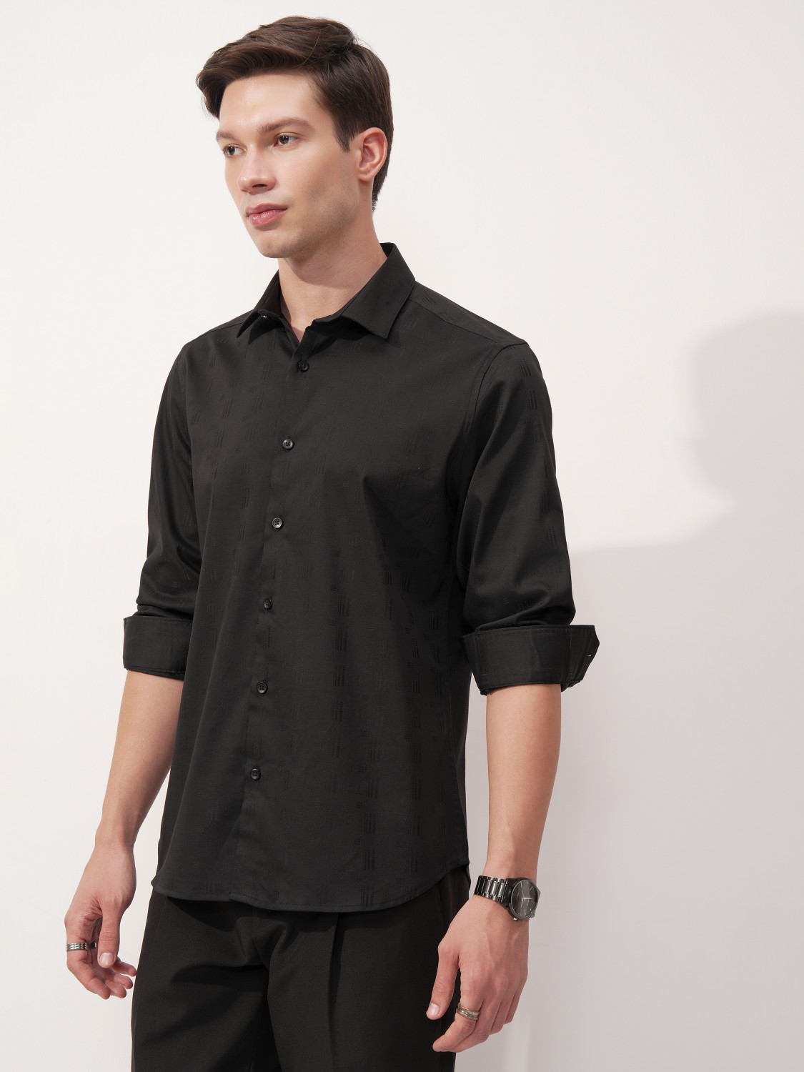 Image of HIGHLANDER Men Self Design Casual Black Shirt
