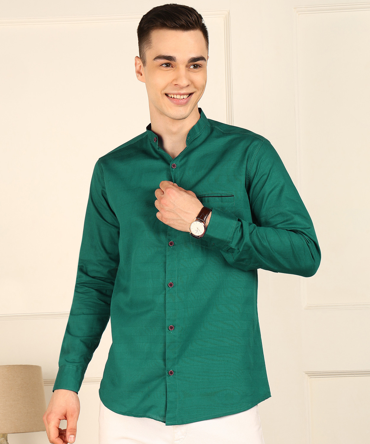 Image of FUBAR Men Self Design Casual Dark Green Shirt