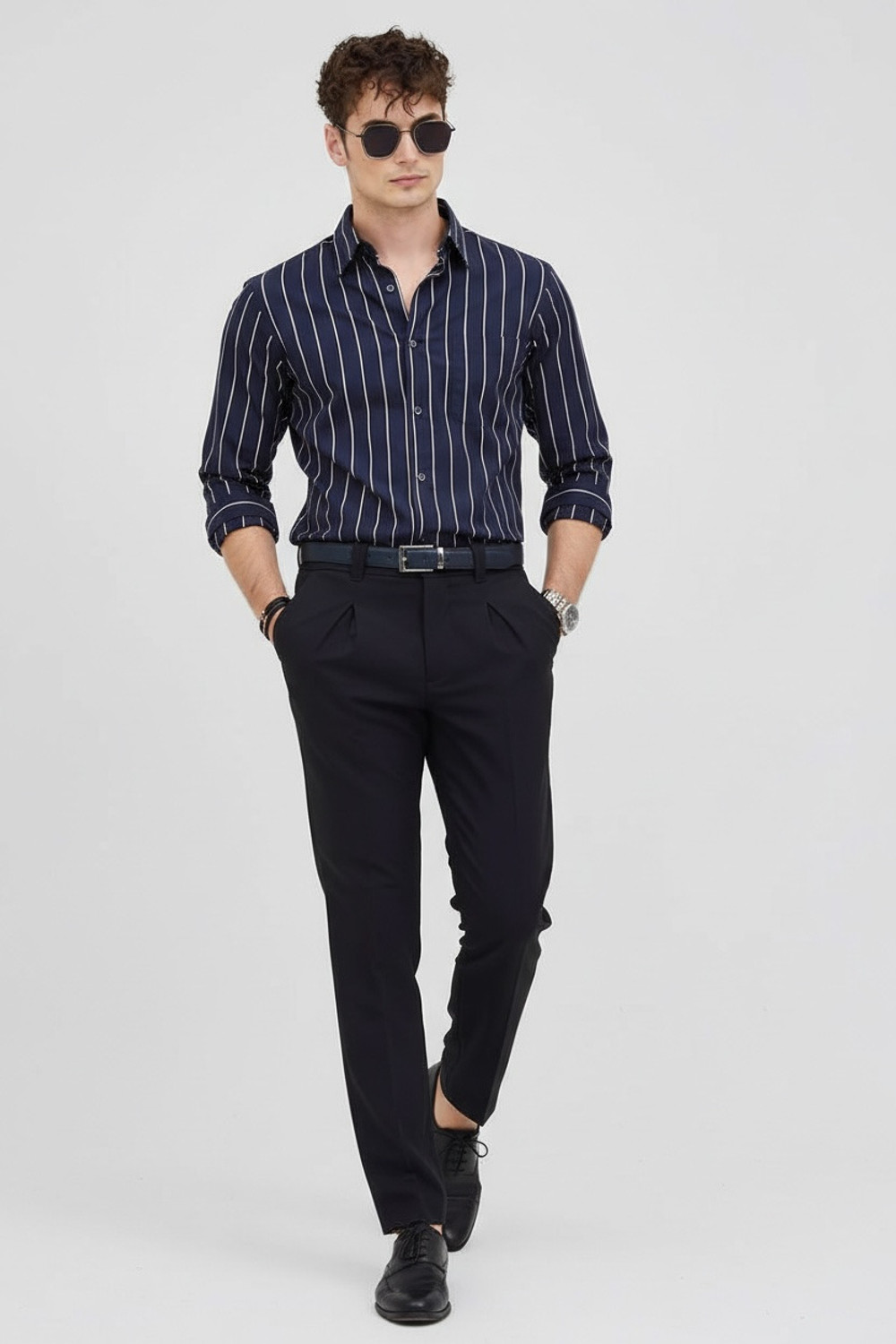 Image of RODEIZ Men Striped Casual Blue Shirt
