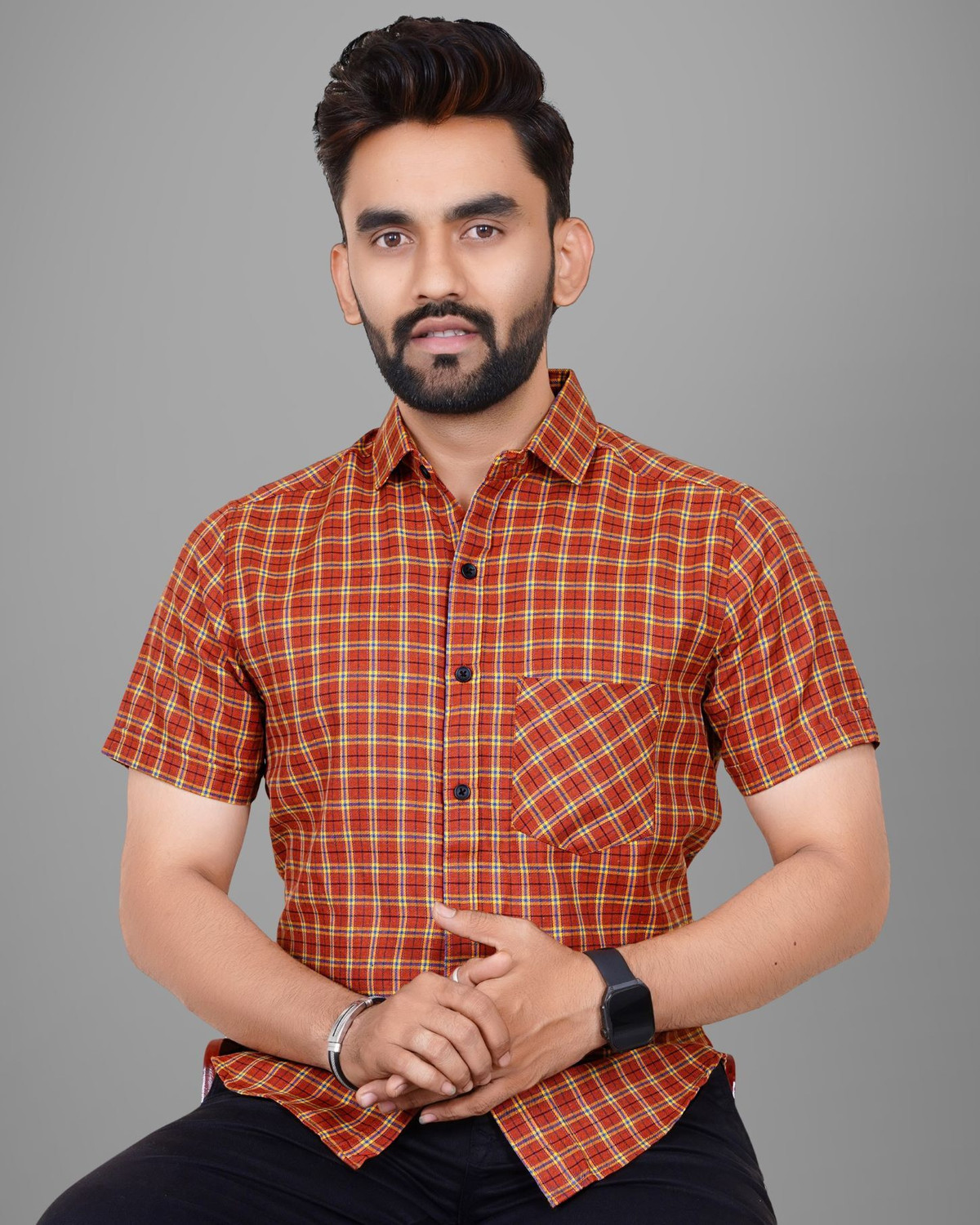 Image of Tyzlo Men Checkered Casual Orange Shirt