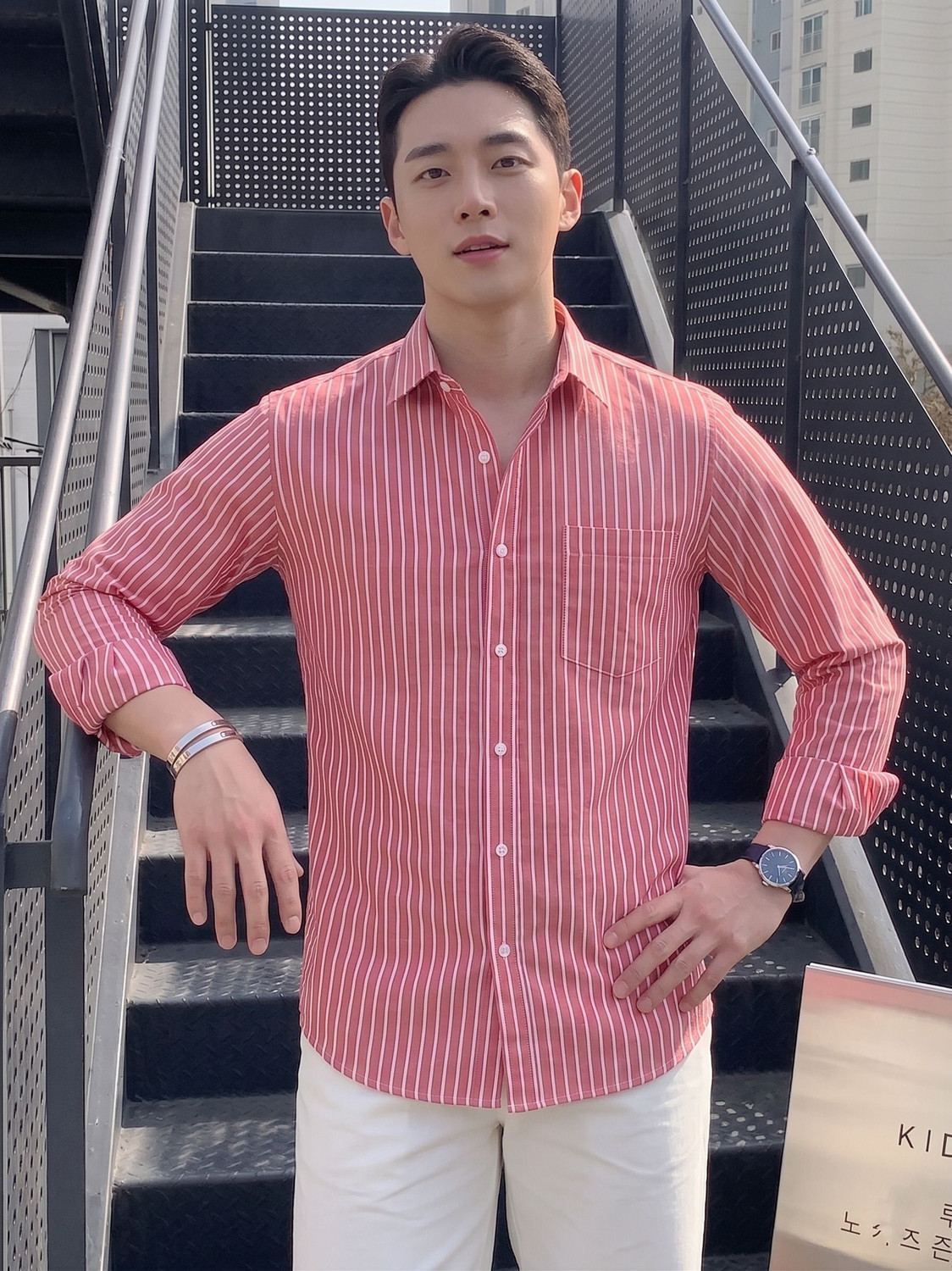 Image of indossare Men Striped Casual Pink Shirt
