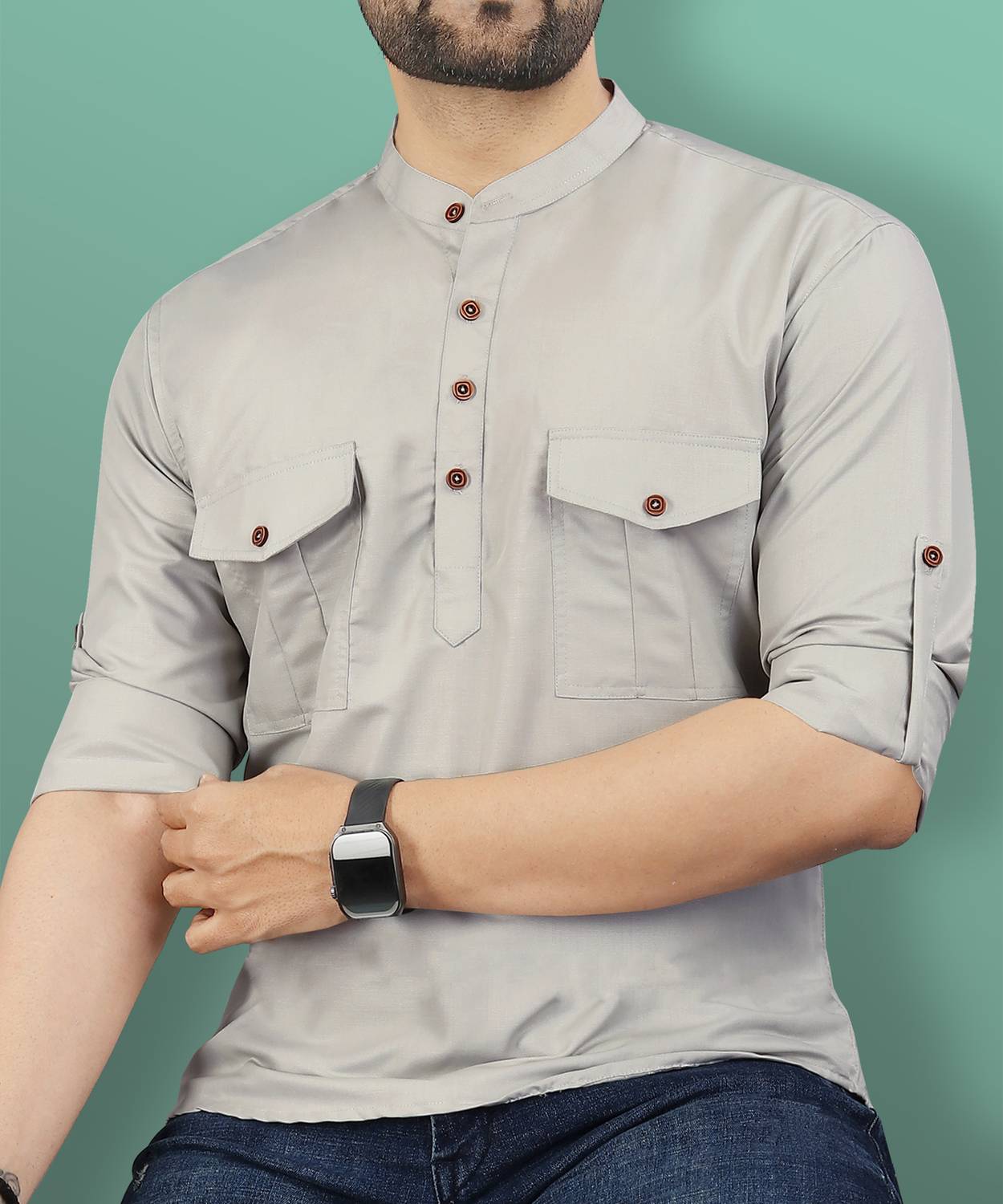 VeBNoR Men Regular Fit Solid Mandarin Collar Casual Shirt