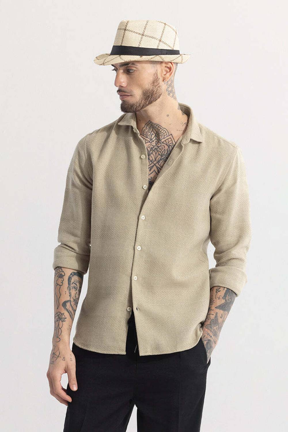 Snitch Men Self Design Casual Khaki Shirt - Image 3