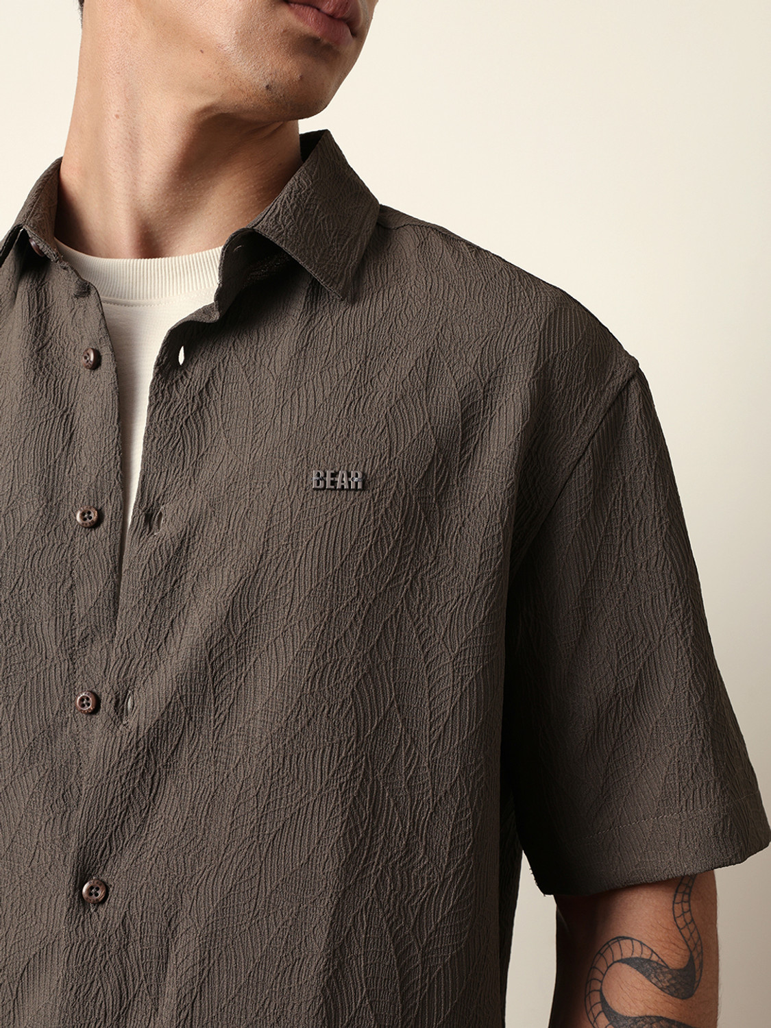 Image of THE BEAR HOUSE Men Self Design Casual Green Shirt