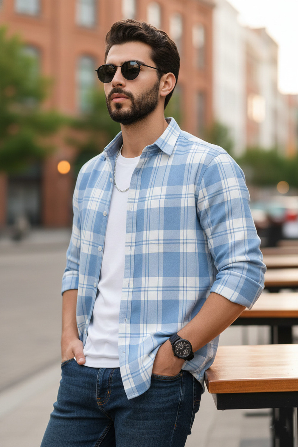 Image of S-LINE Men Checkered Casual Light Blue Shirt