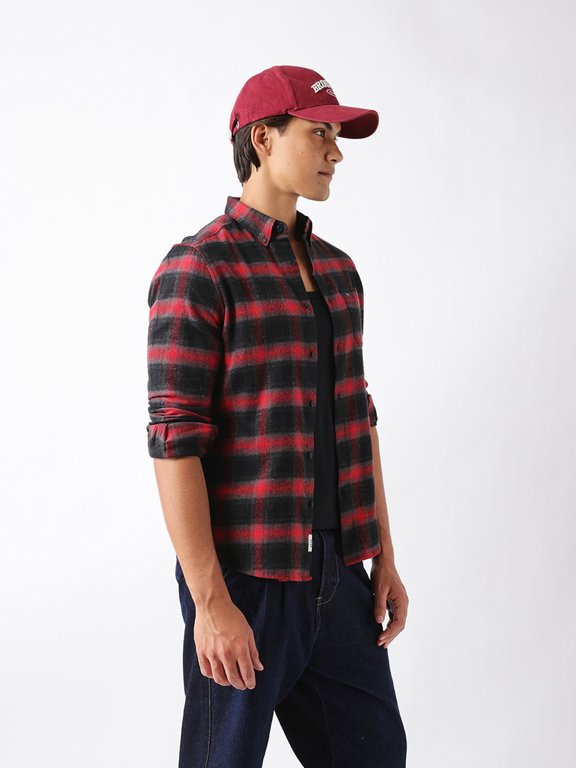 Image of THE BEAR HOUSE Men Checkered Casual Red Shirt