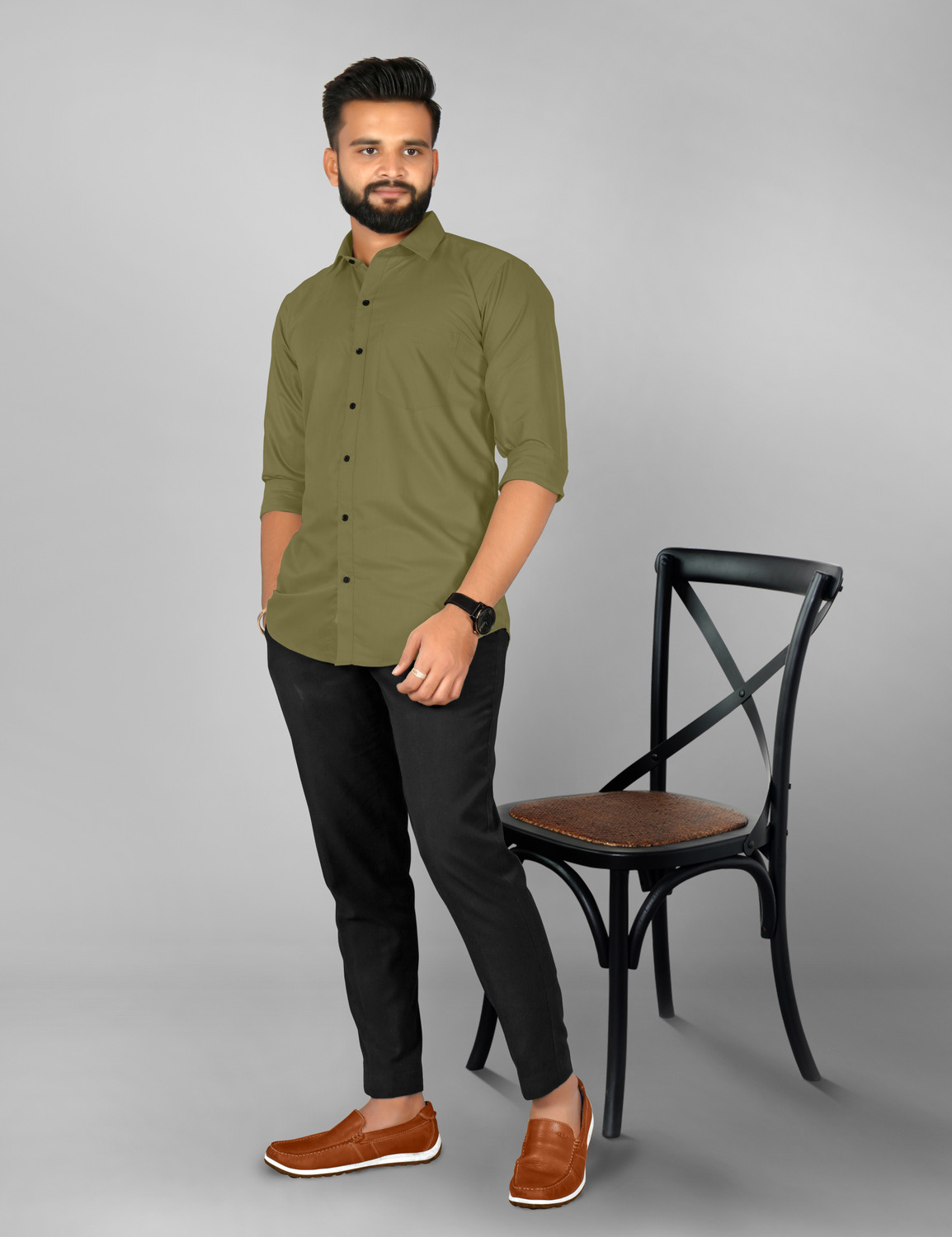 Image of FIBERMILL Men Solid Formal Green Shirt