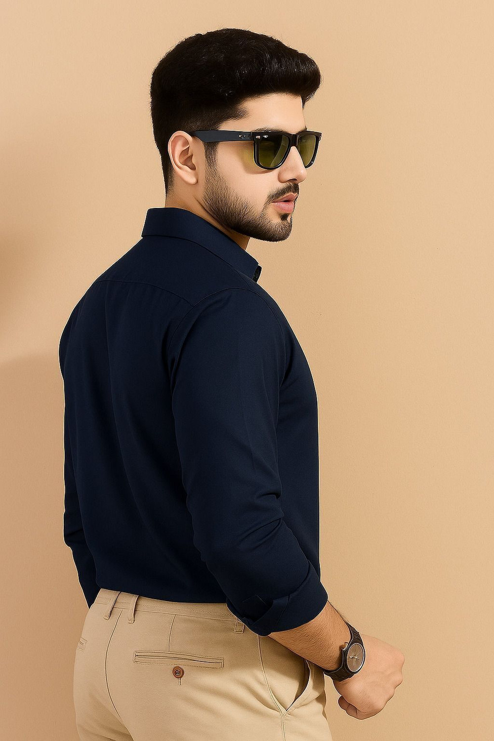 Image of STONEBERG Men Solid Formal Dark Blue Shirt