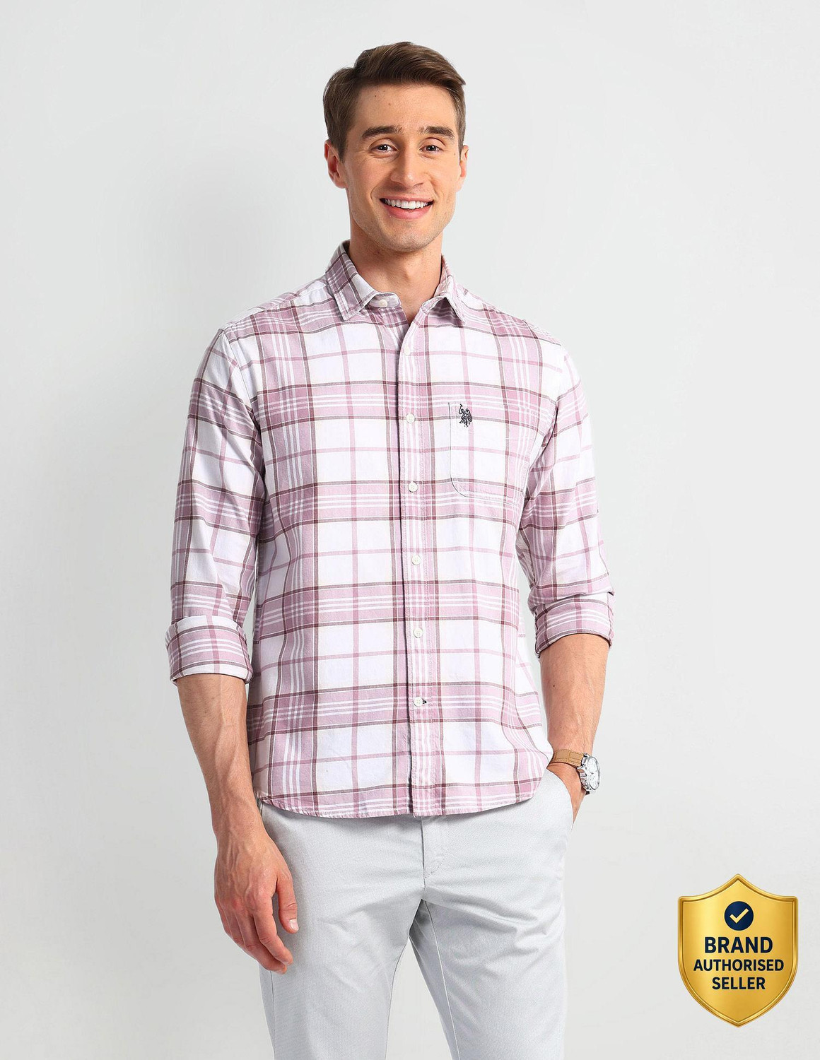 Image of U.S. POLO ASSN. Men Checkered Casual Pink Shirt
