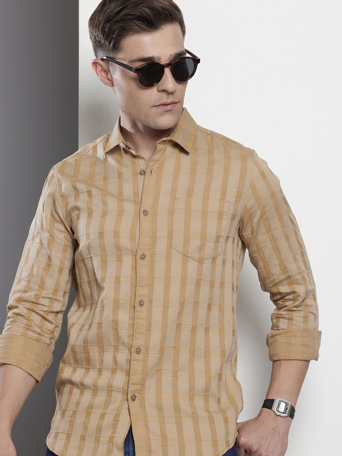 Image of The Indian Garage Co. Men Checkered Casual Khaki Shirt