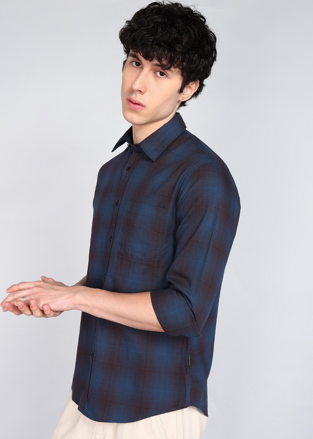 Image of FLYING MACHINE Men Checkered Casual Blue Shirt