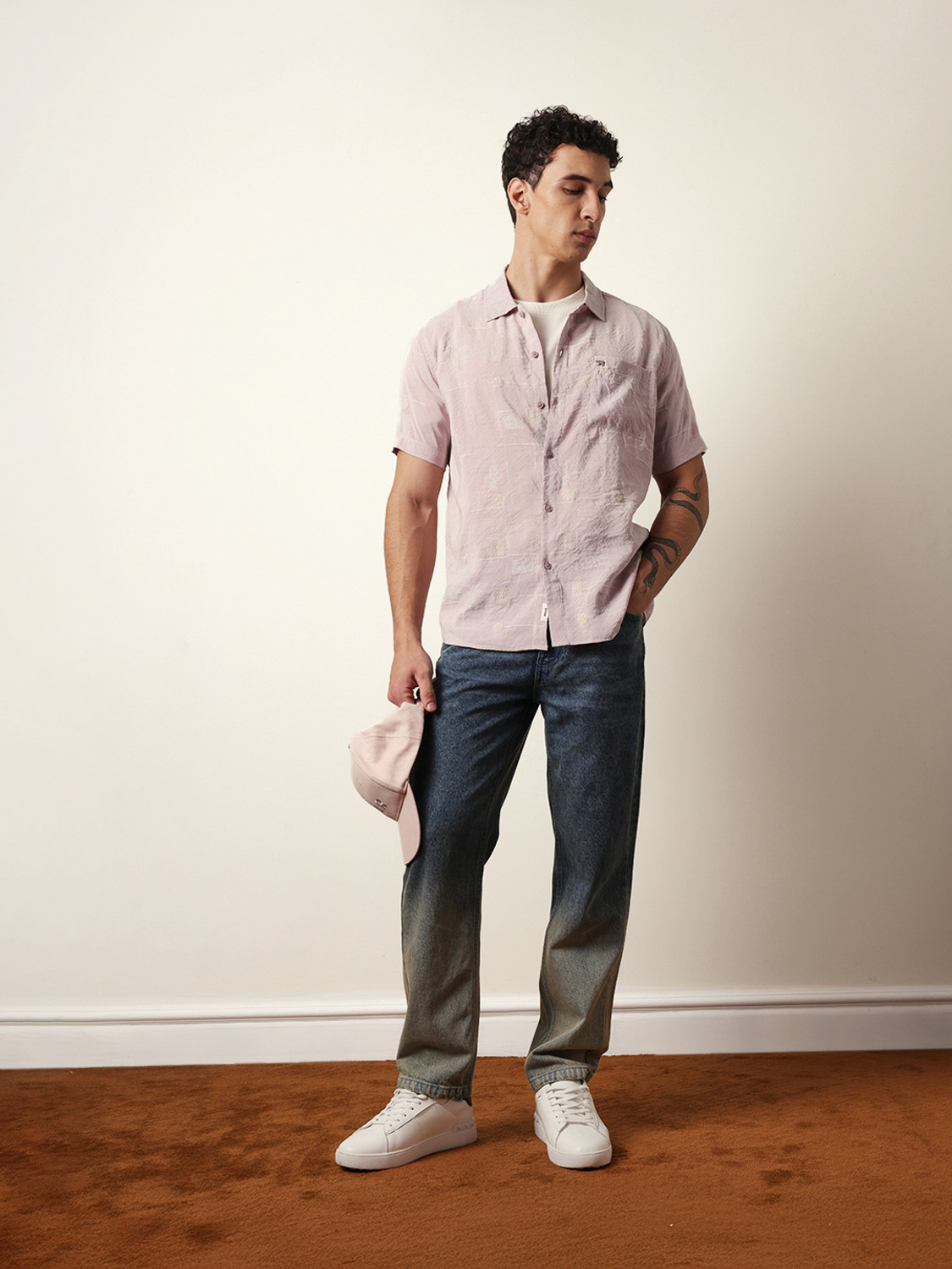 Image of THE BEAR HOUSE Men Self Design Casual Pink Shirt