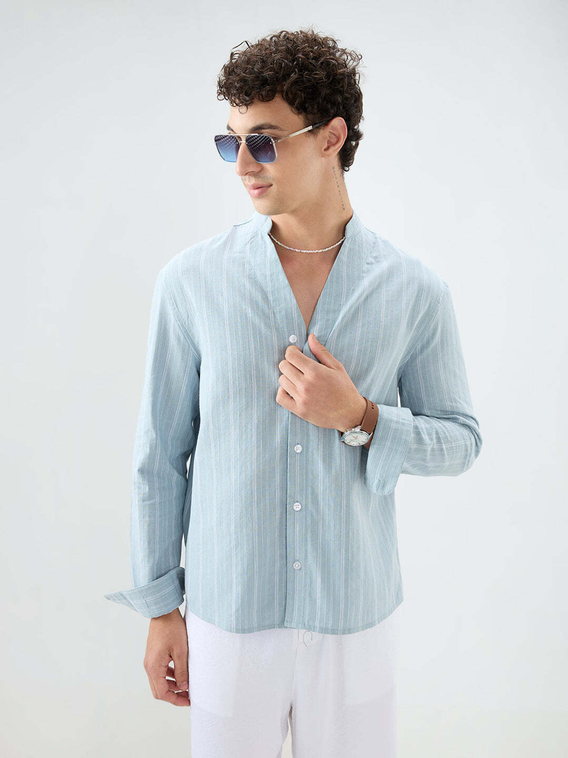 Image of VASTRADO Men Regular Fit Striped Collarless Collar Casual Shirt