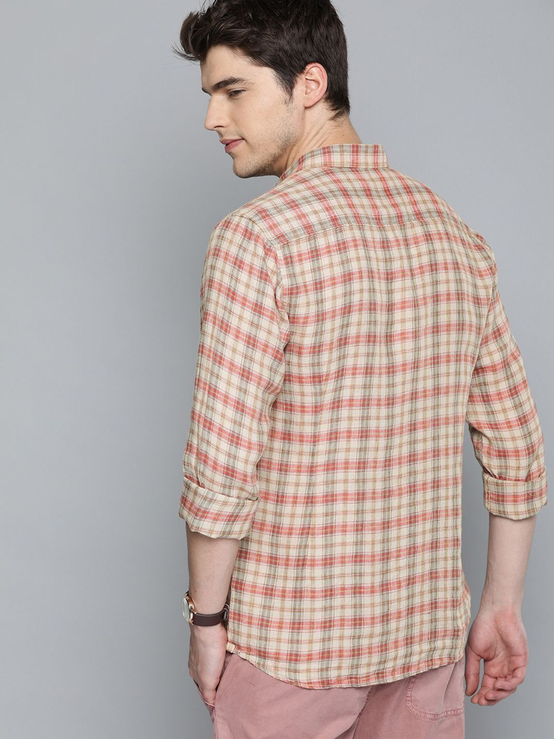 Image of Mast & Harbour Men Checkered Casual Beige Shirt