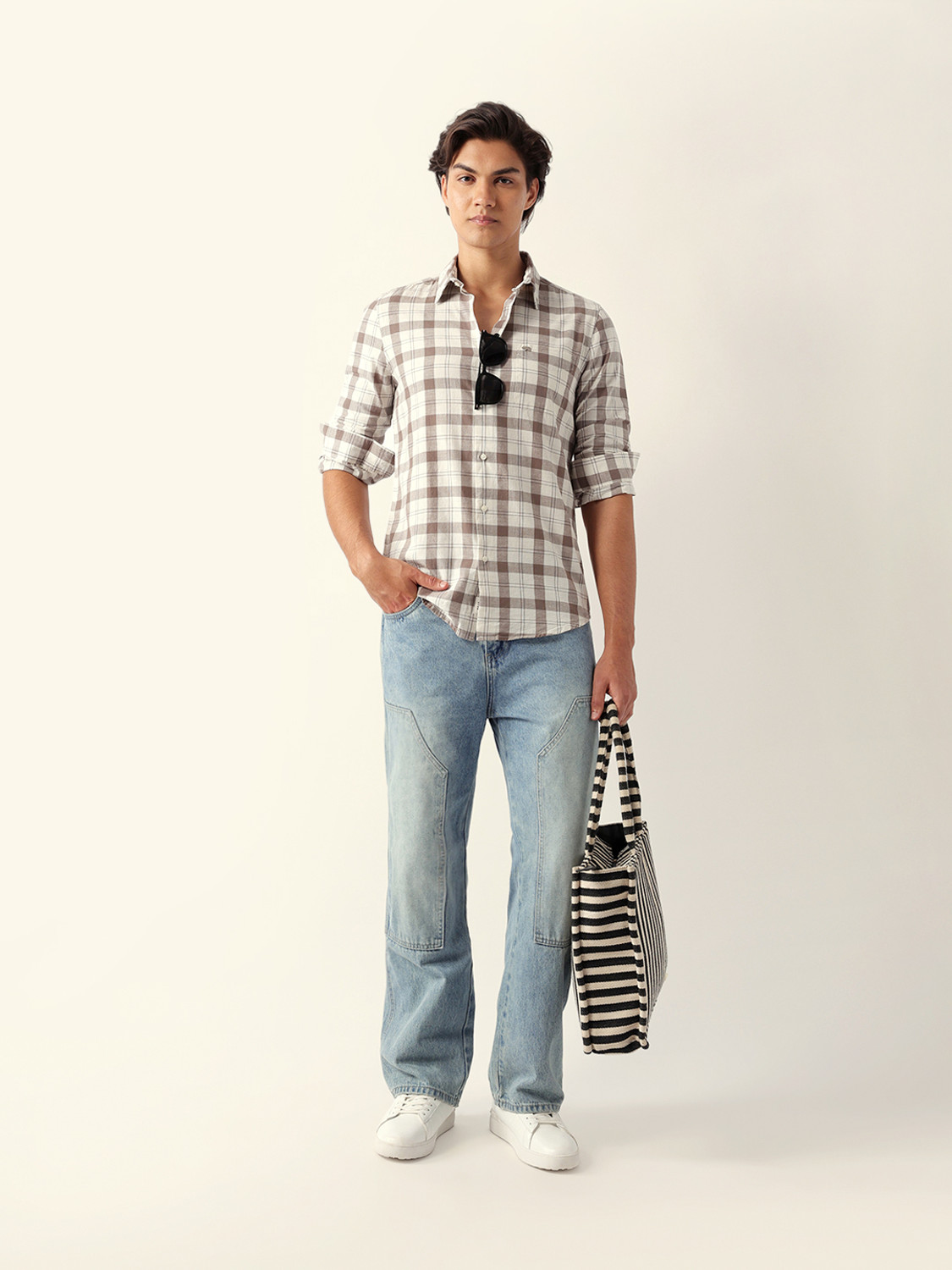 Image of THE BEAR HOUSE Men Checkered Casual Cream Shirt