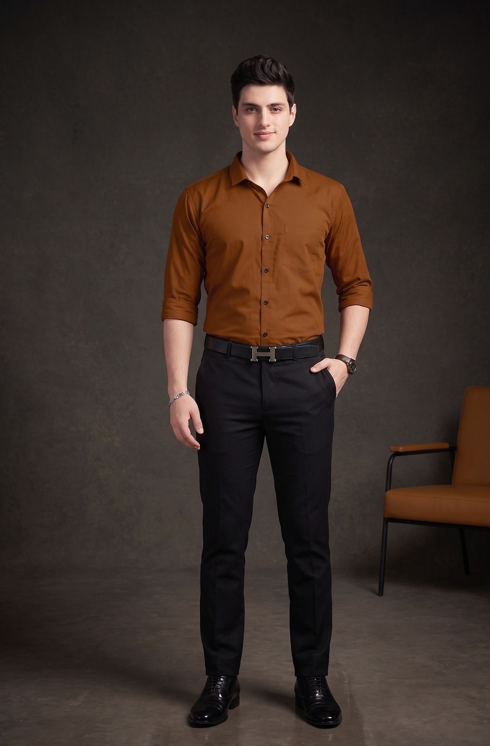 Image of FIBERMILL Men Solid Formal Brown Shirt