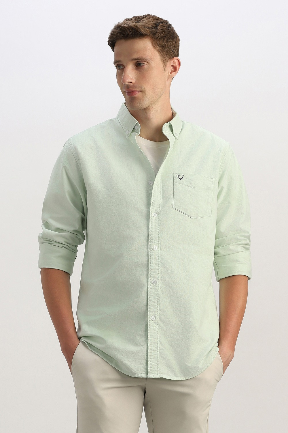 Image of Allen Solly Men Solid Casual Light Green Shirt