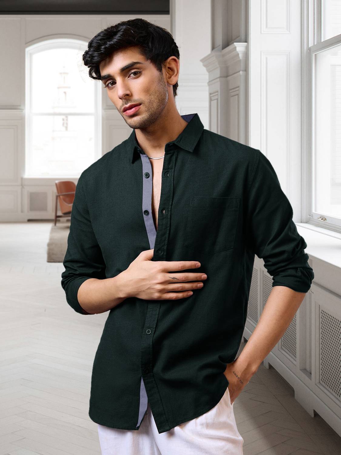 7Threads Men Solid Formal Green Shirt