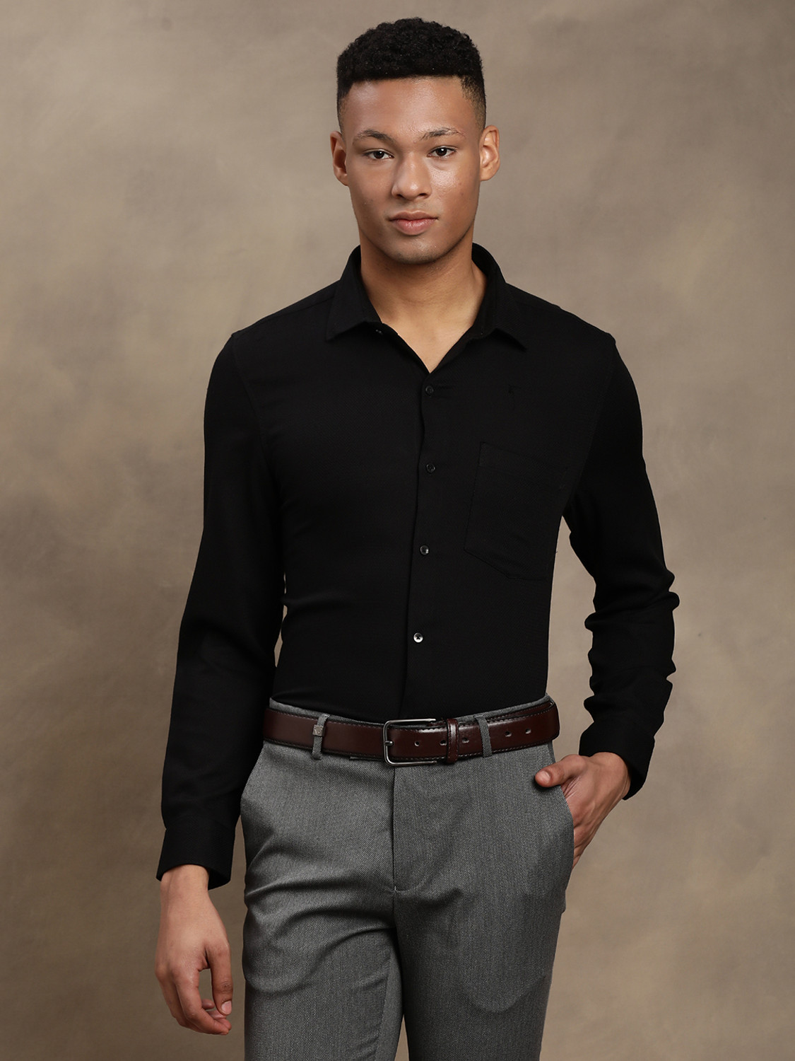 Image of TURTLE Men Self Design Formal Black Shirt