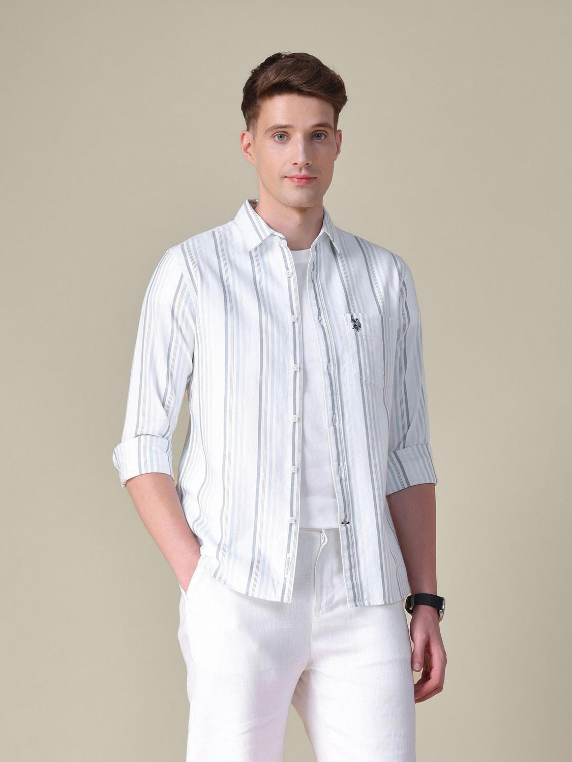 Image of U.S. POLO ASSN. Men Striped Casual Blue, White Shirt
