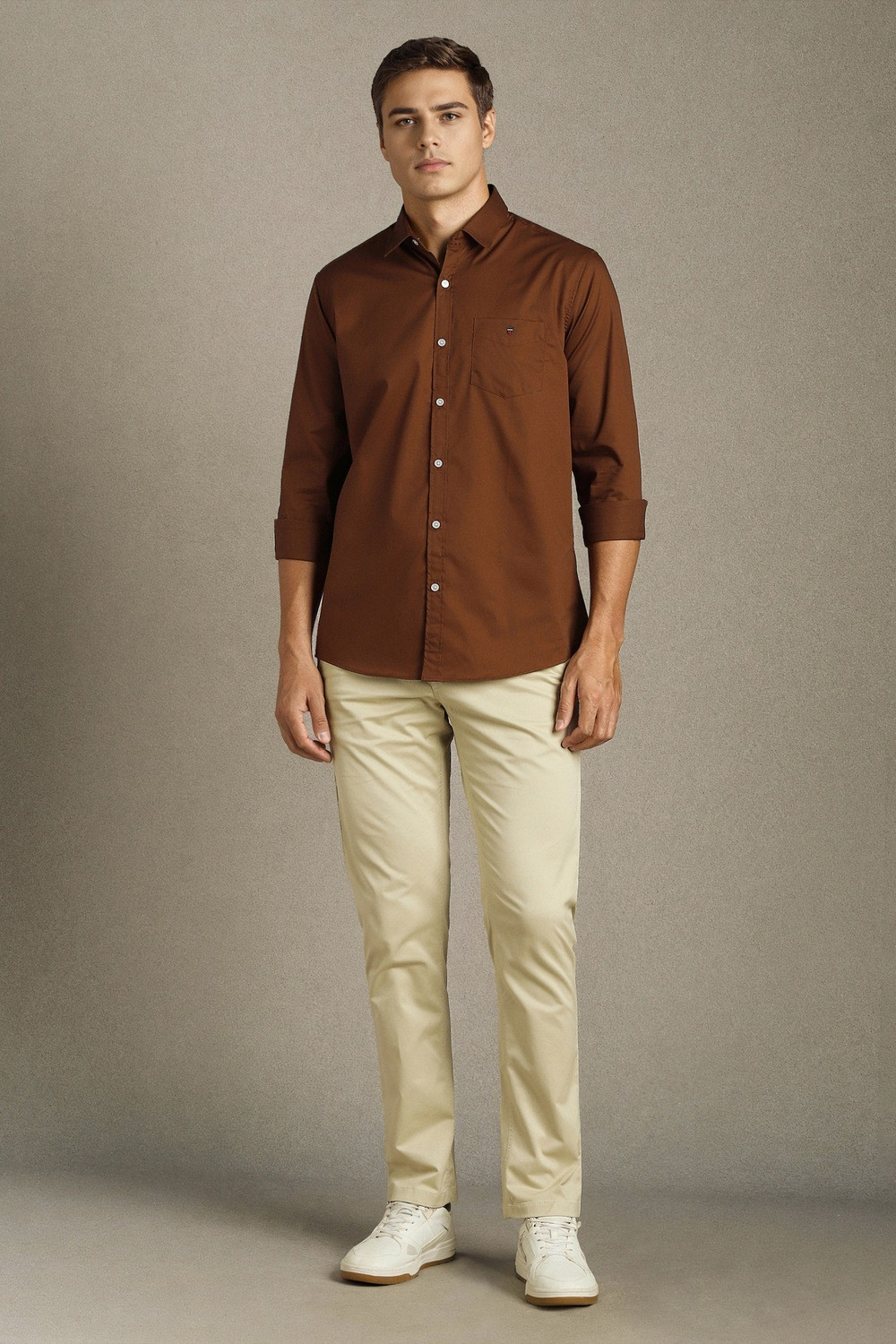 Image of LOUIS PHILIPPE Men Solid Casual Brown Shirt