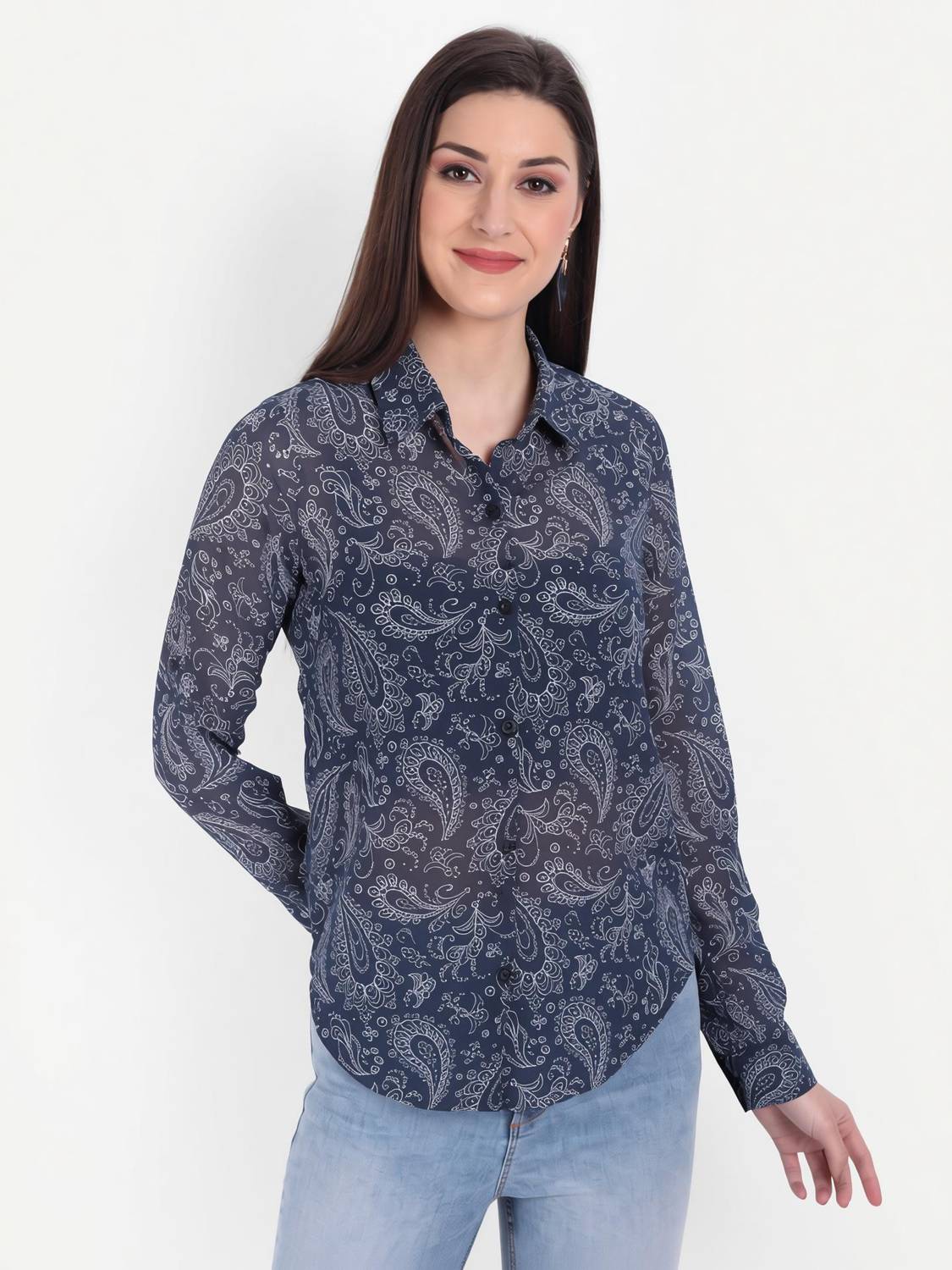 CHARMGAL Women Printed Casual Blue Shirt