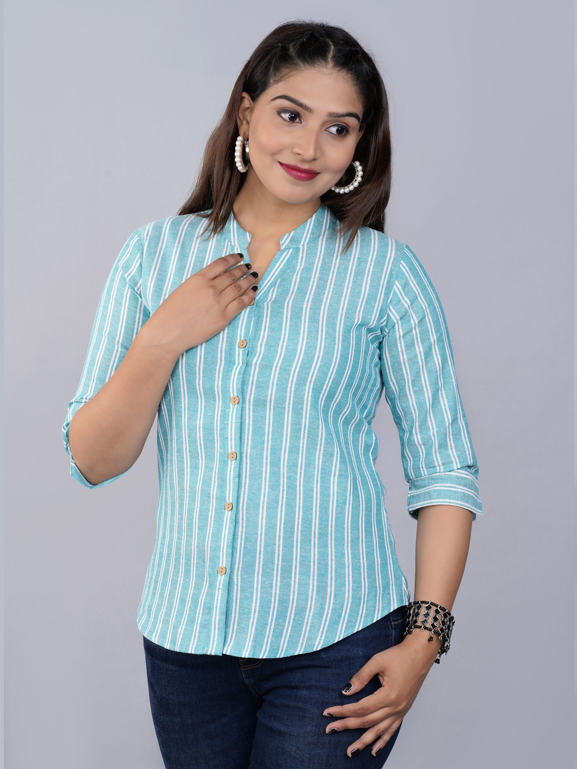Image of FABISHO Women Striped Casual Light Blue Shirt