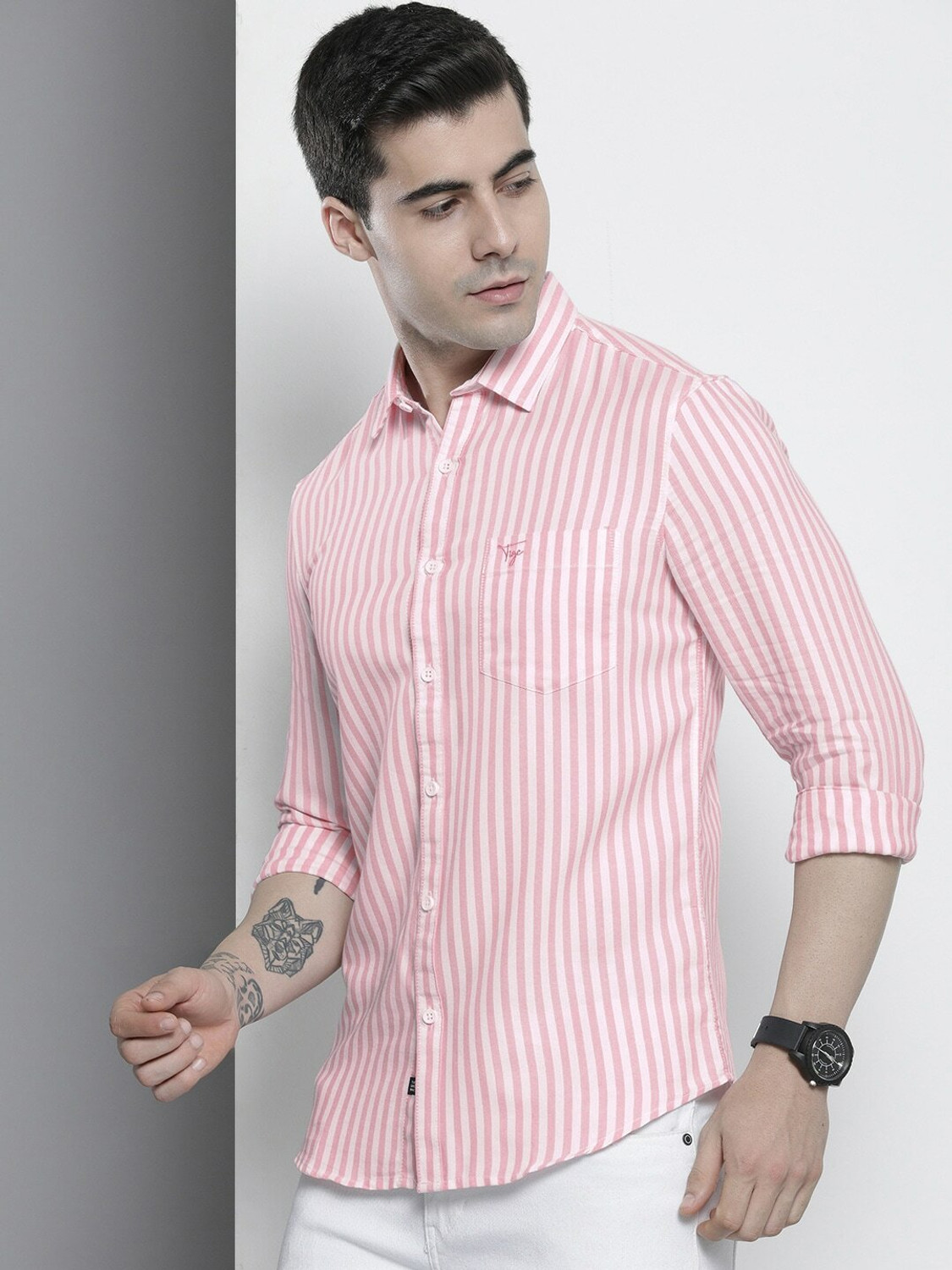 Image of The Indian Garage Co. Men Striped Casual Pink Shirt
