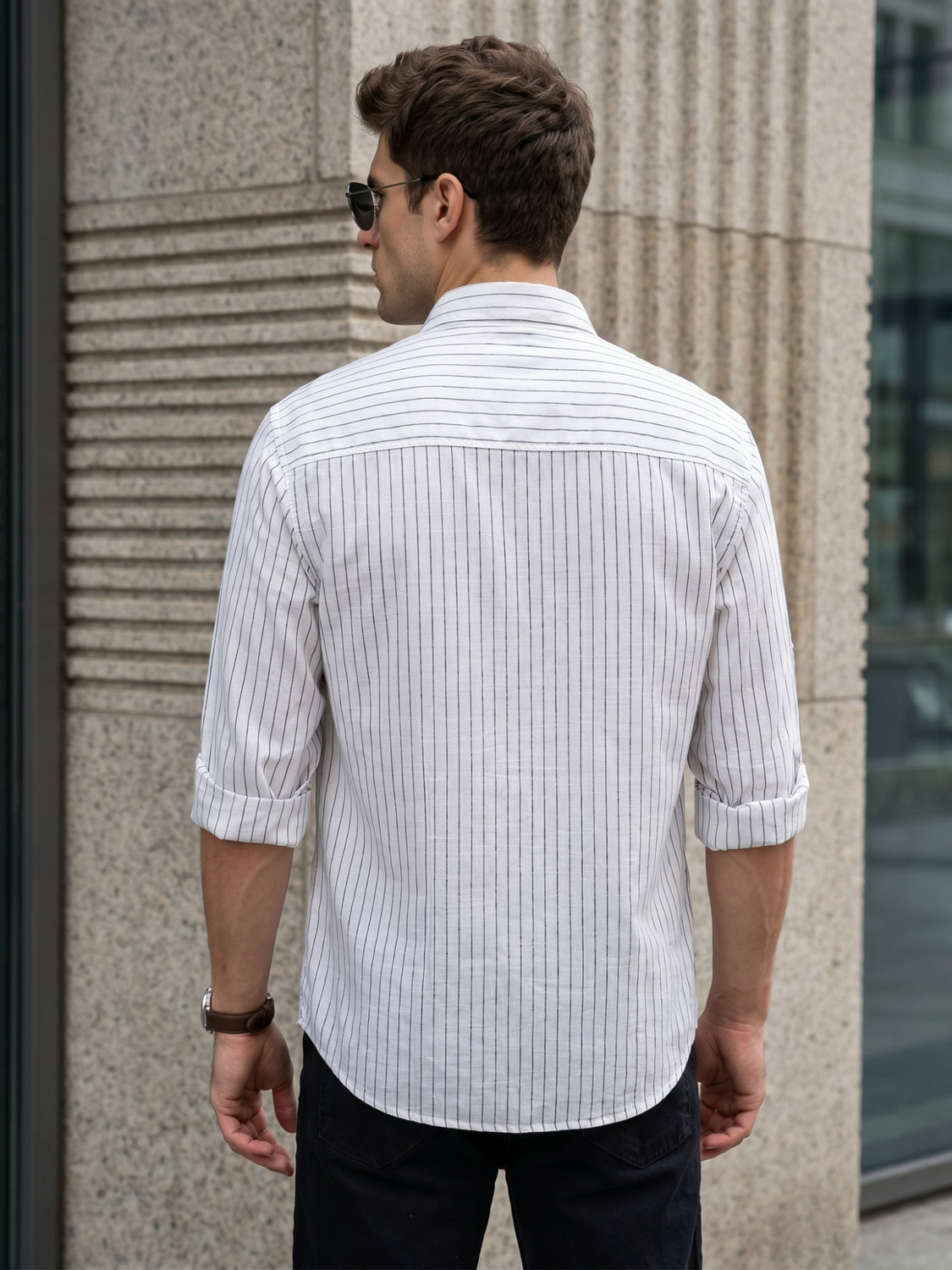 Image of KUONS AVENUE Men Striped Casual White, Grey Shirt