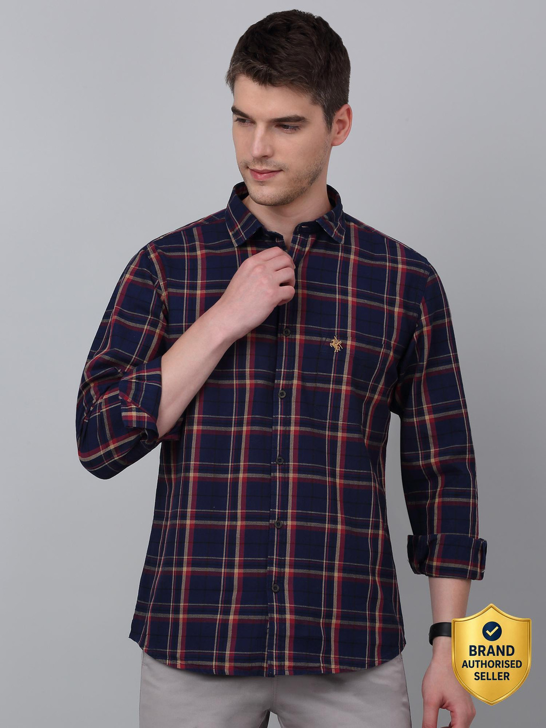 Image of CANTABIL Men Checkered Casual Dark Blue Shirt