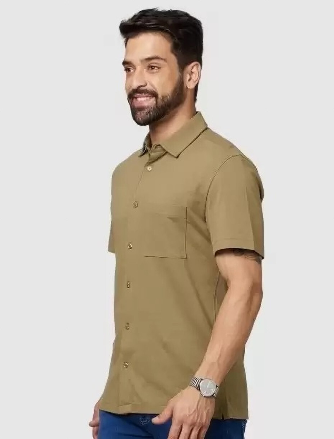 Image of SHREEAARVI Men Solid Formal Khaki Shirt