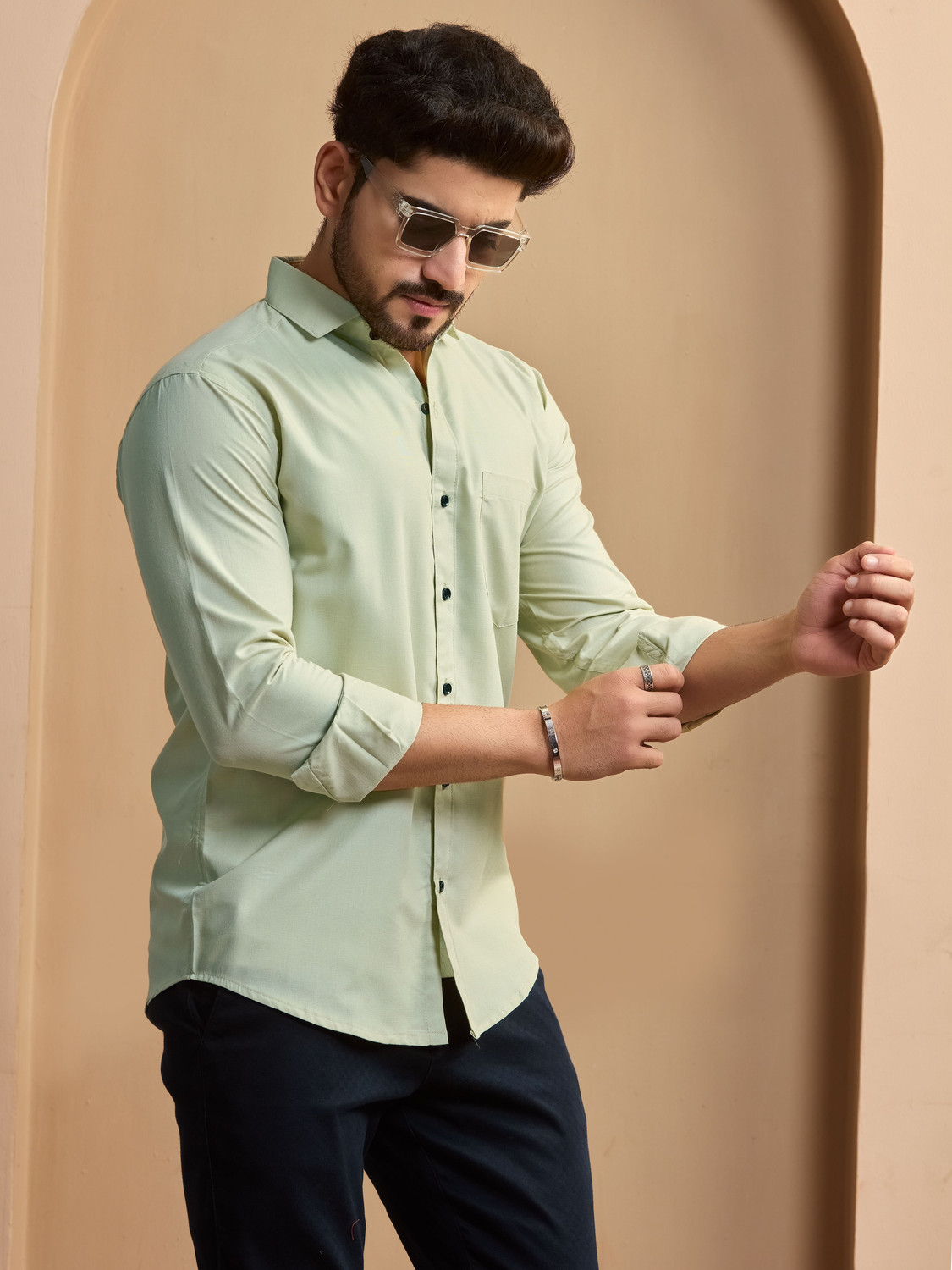Image of STONEBERG Men Solid Formal Light Green Shirt