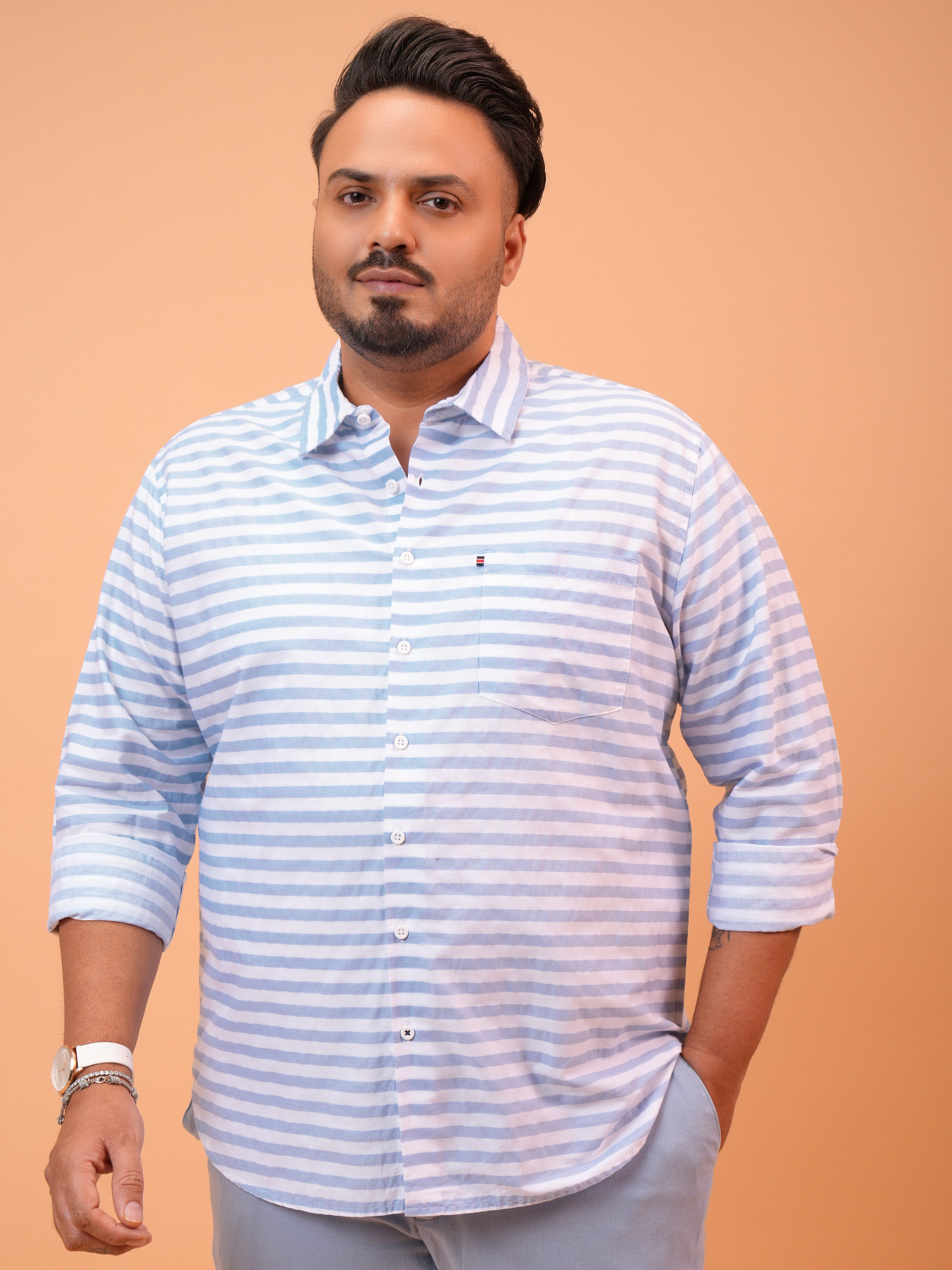 Image of HIGHLANDER Men Striped Casual White Shirt