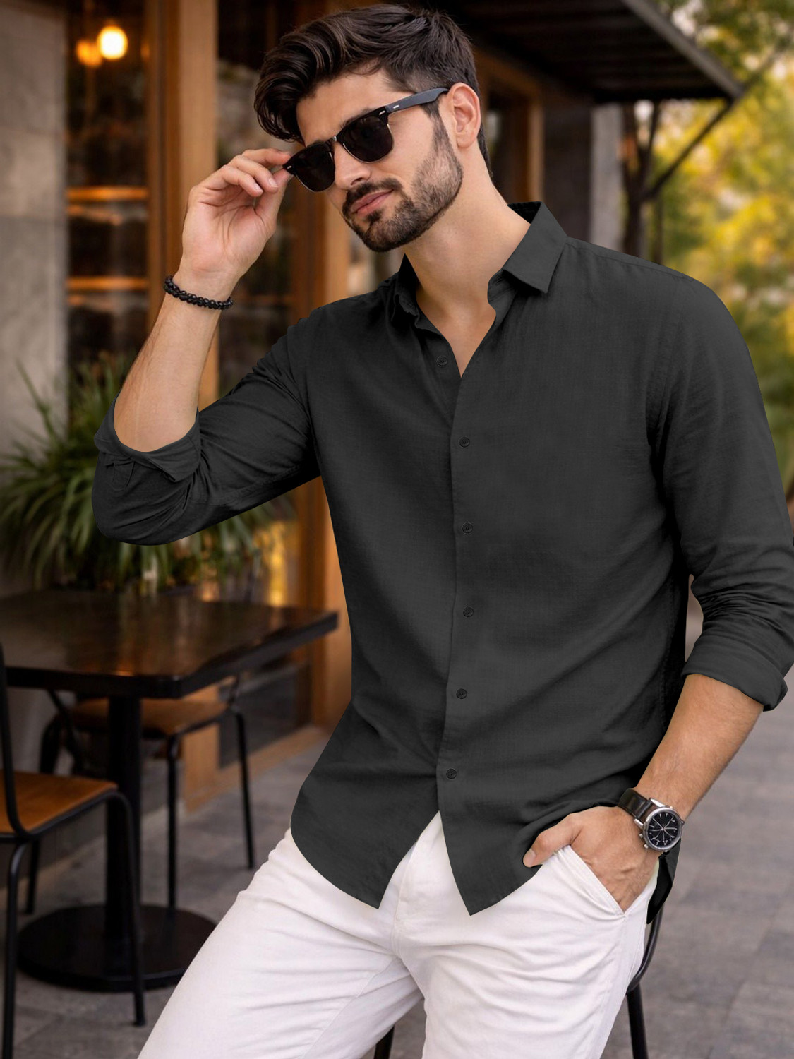 Image of Mameru Men Regular Fit Solid Cut Away Collar Casual Shirt