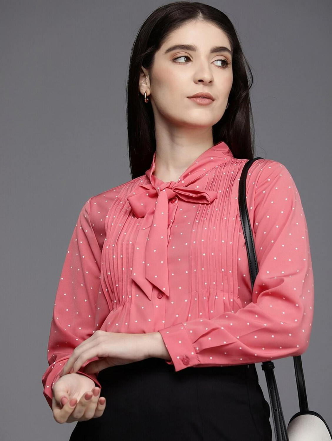 Image of Allen Solly Women Regular Fit Polka Print Spread Collar Casual Shirt