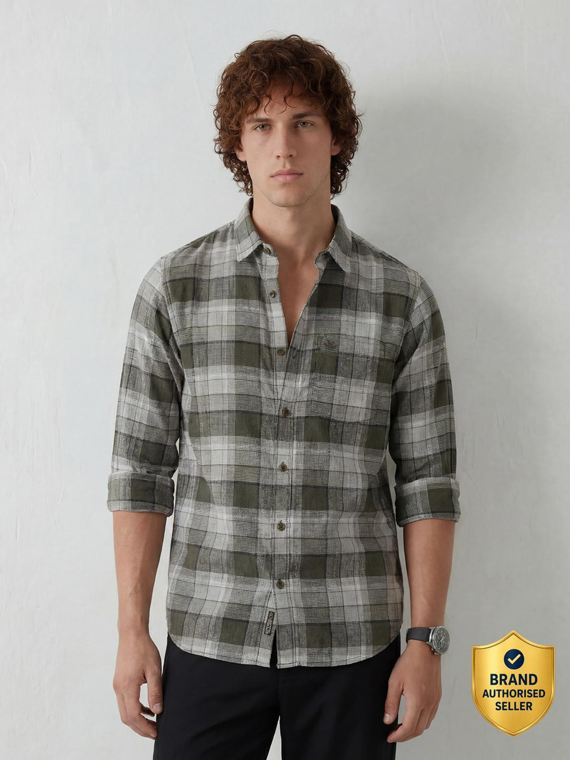 Image of WROGN Men Checkered Casual Green Shirt