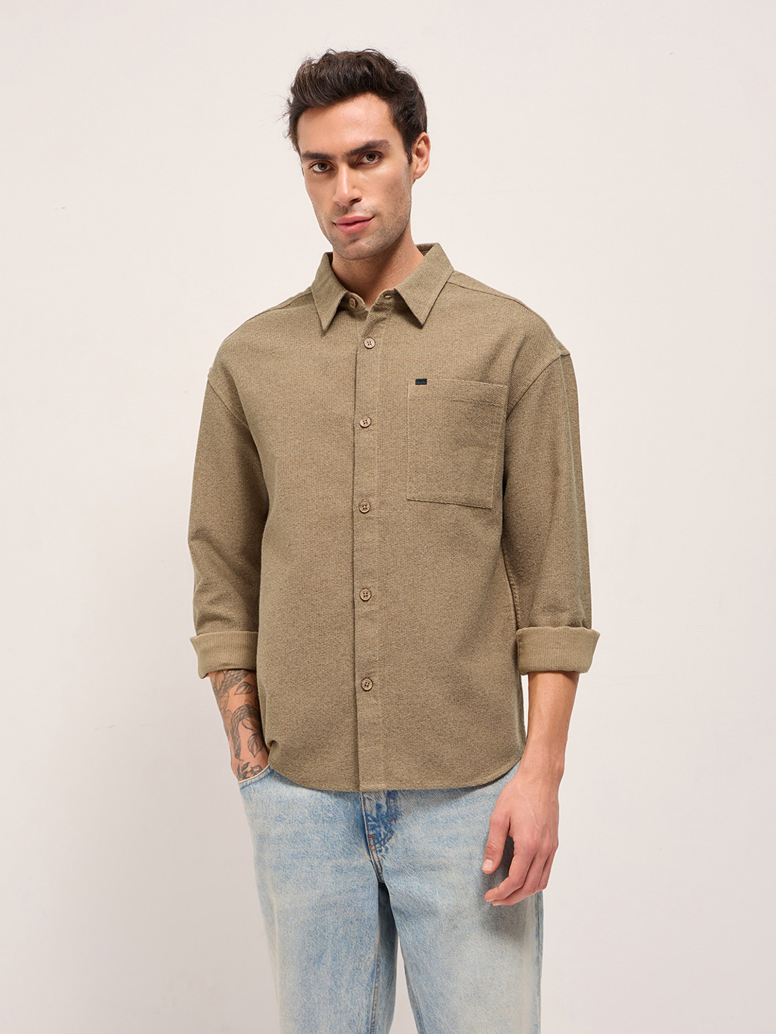 Image of THE BEAR HOUSE Men Solid Casual Beige Shirt