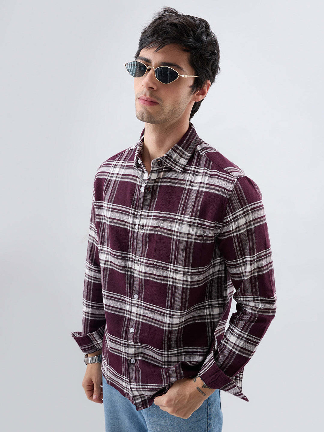 Image of VASTRADO Men Regular Fit Checkered Cut Away Collar Casual Shirt