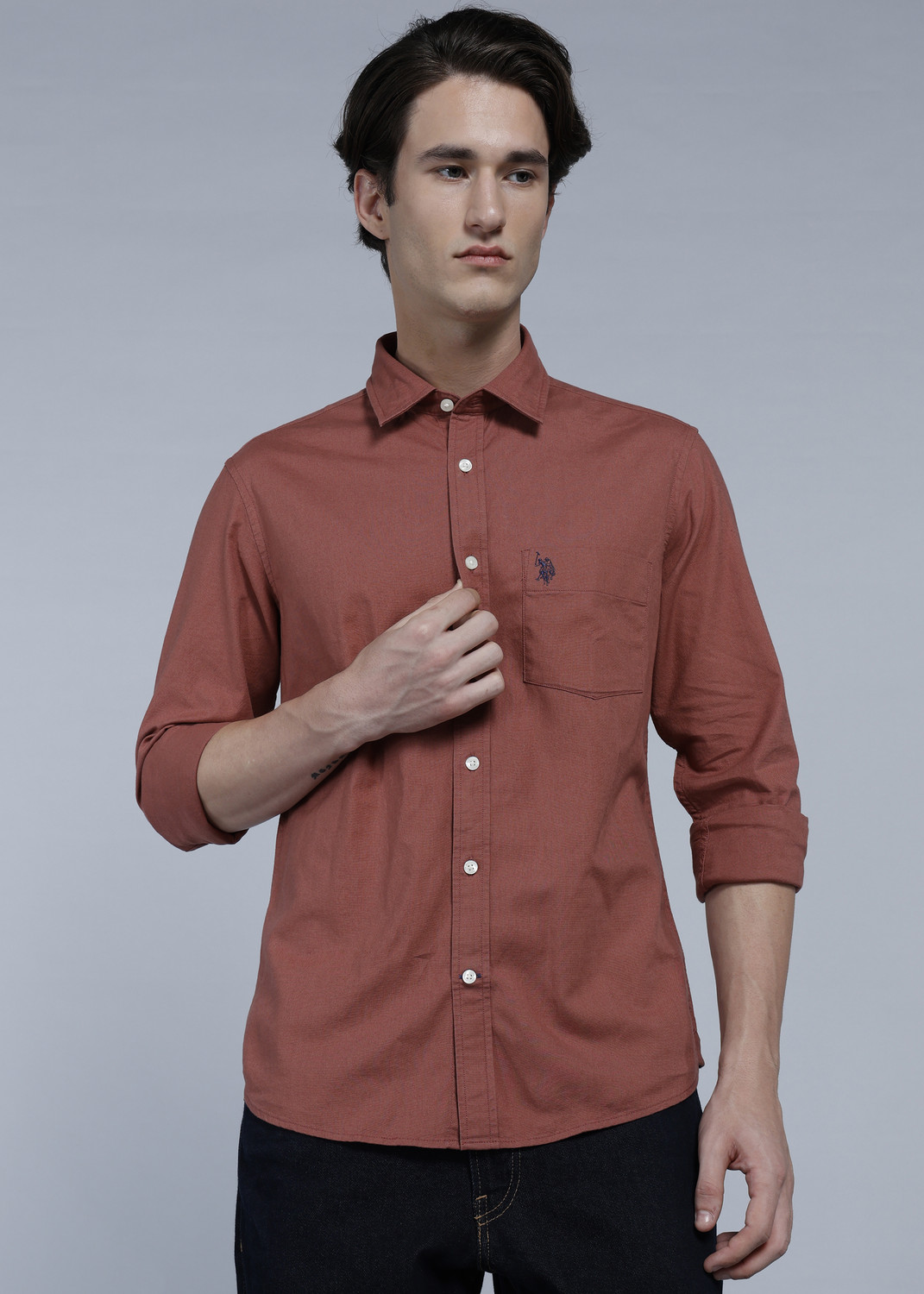 Image of U.S. POLO ASSN. Men Solid Casual Pink Shirt