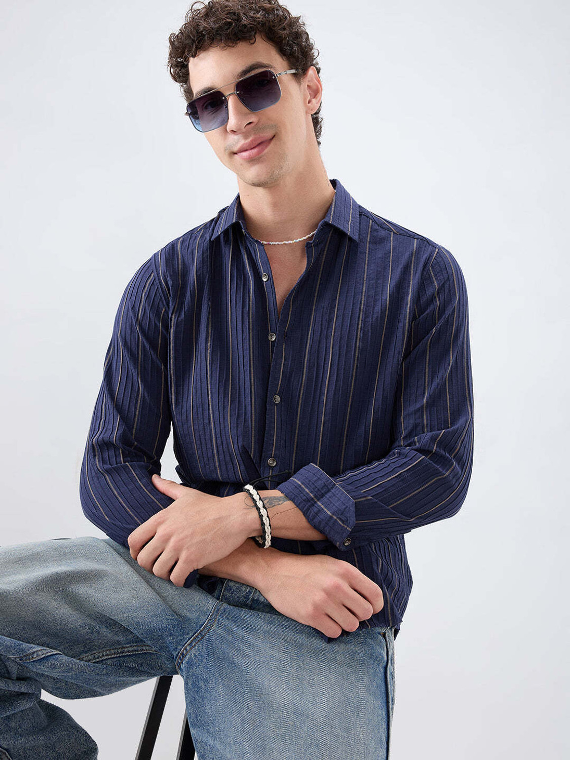 Image of VASTRADO Men Striped Casual Dark Blue Shirt