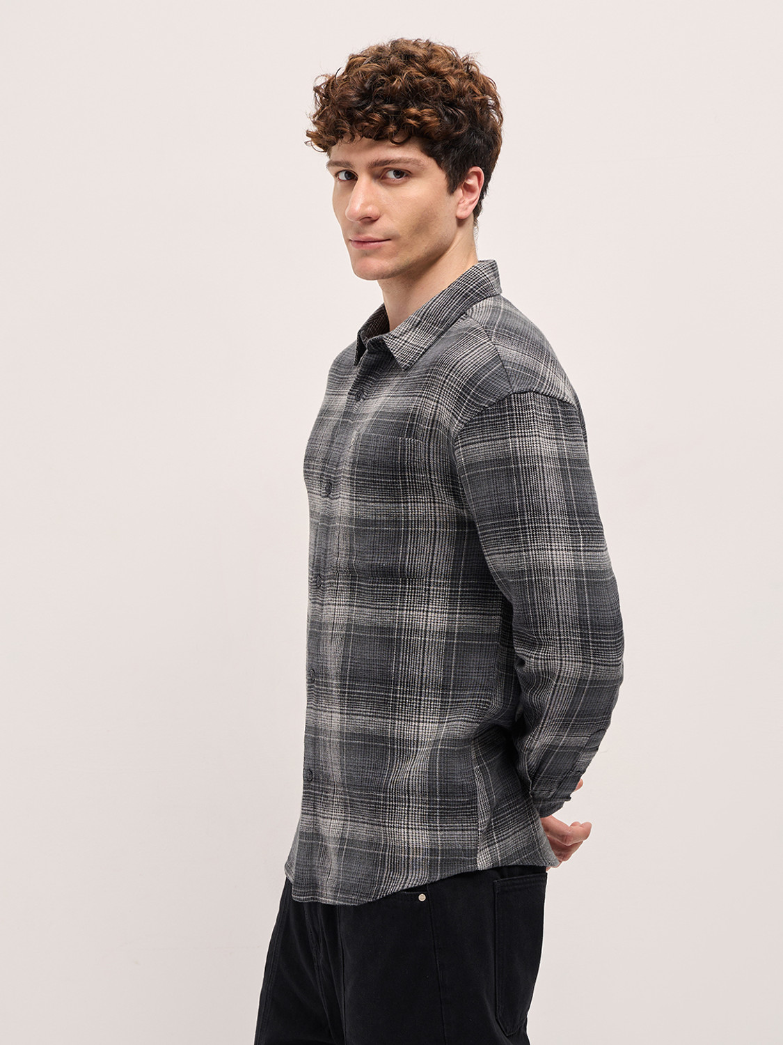 Image of THE BEAR HOUSE Men Checkered Casual Black Shirt
